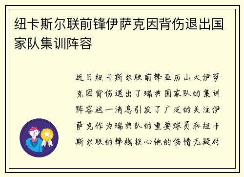 纽卡斯尔联前锋伊萨克因背伤退出国家队集训阵容